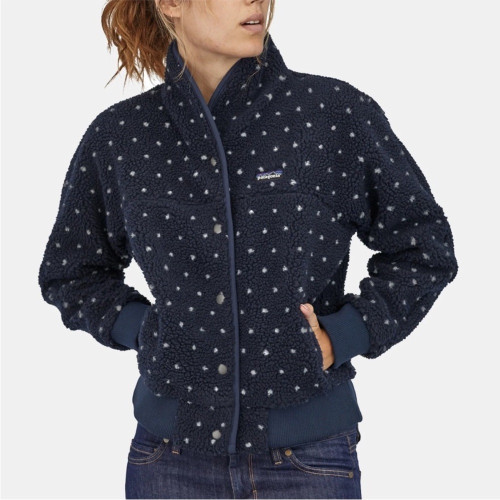 Patagonia Snap Front Retro X Navy Polka Dot Fleece Jacket